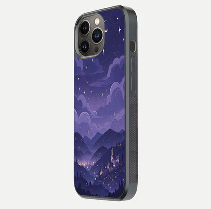 Minimal Night View Glass Case for iPhone 13 Pro side-angle image showing subtle reflection and urban design
