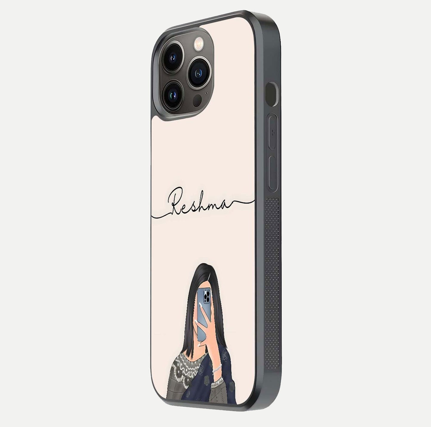 Mirror Mood Muse Custom Name Glass Case for iPhone 13 Pro side-angle image emphasizing glossy mirror texture