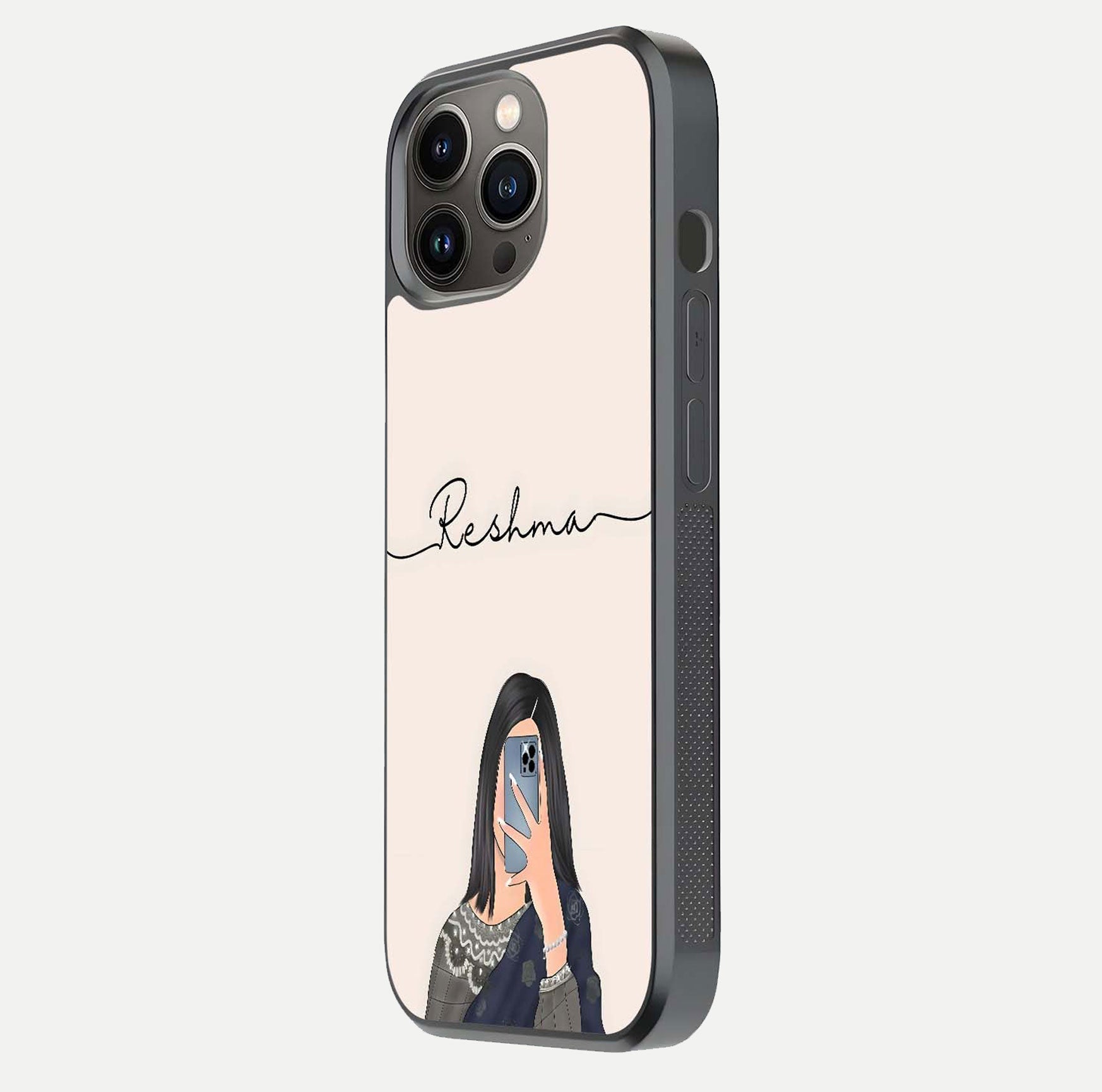 Mirror Mood Muse Custom Name Glass Case for iPhone 13 Pro side-angle image emphasizing glossy mirror texture