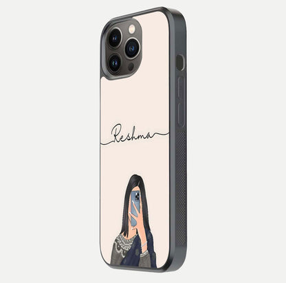 Mirror Mood Muse Custom Name Glass Case for iPhone 13 Pro side-angle image emphasizing glossy mirror texture