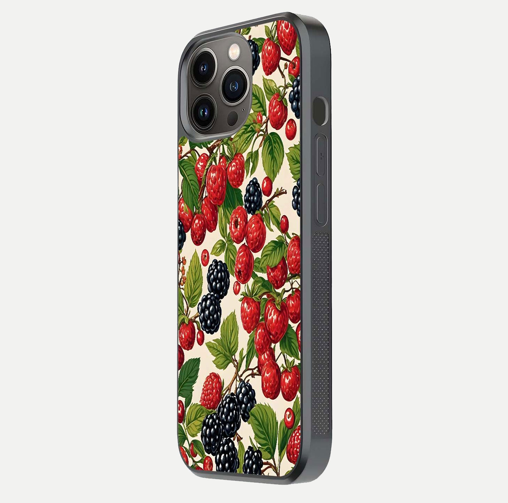 Mixed Berry Collage Glass Case for iPhone 13 Pro side-angle image showing reflection and HD fruit texture