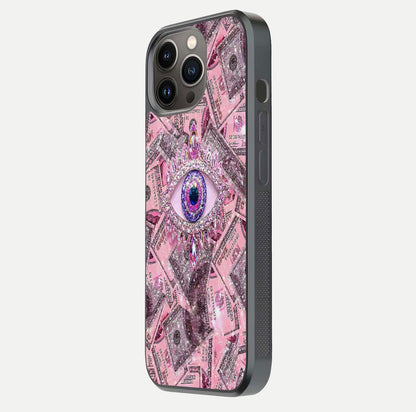 Money Eye Luxe Glass Case for iPhone 13 Pro side-angle image showing HD reflection and luxury print clarity