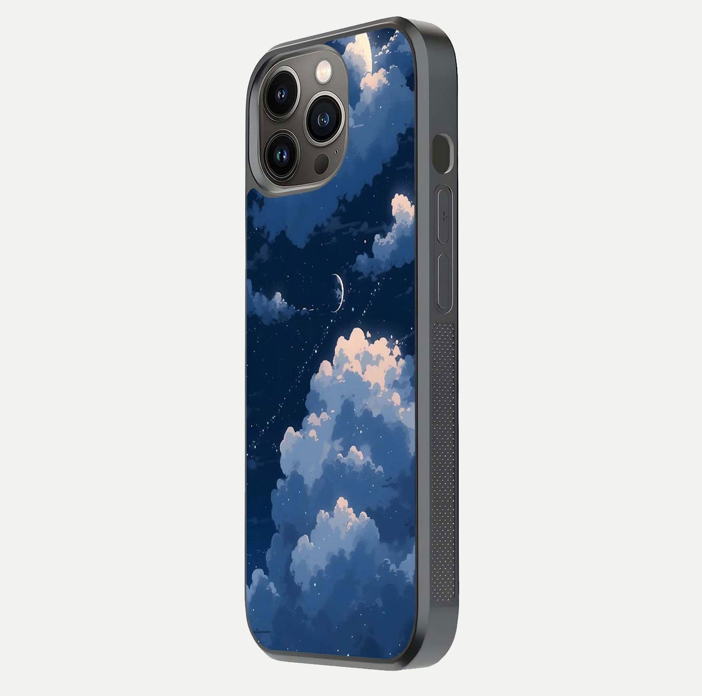 Moon Dream Haze Glass Case for iPhone 13 Pro side-angle image showing HD reflection and moonlight detailing