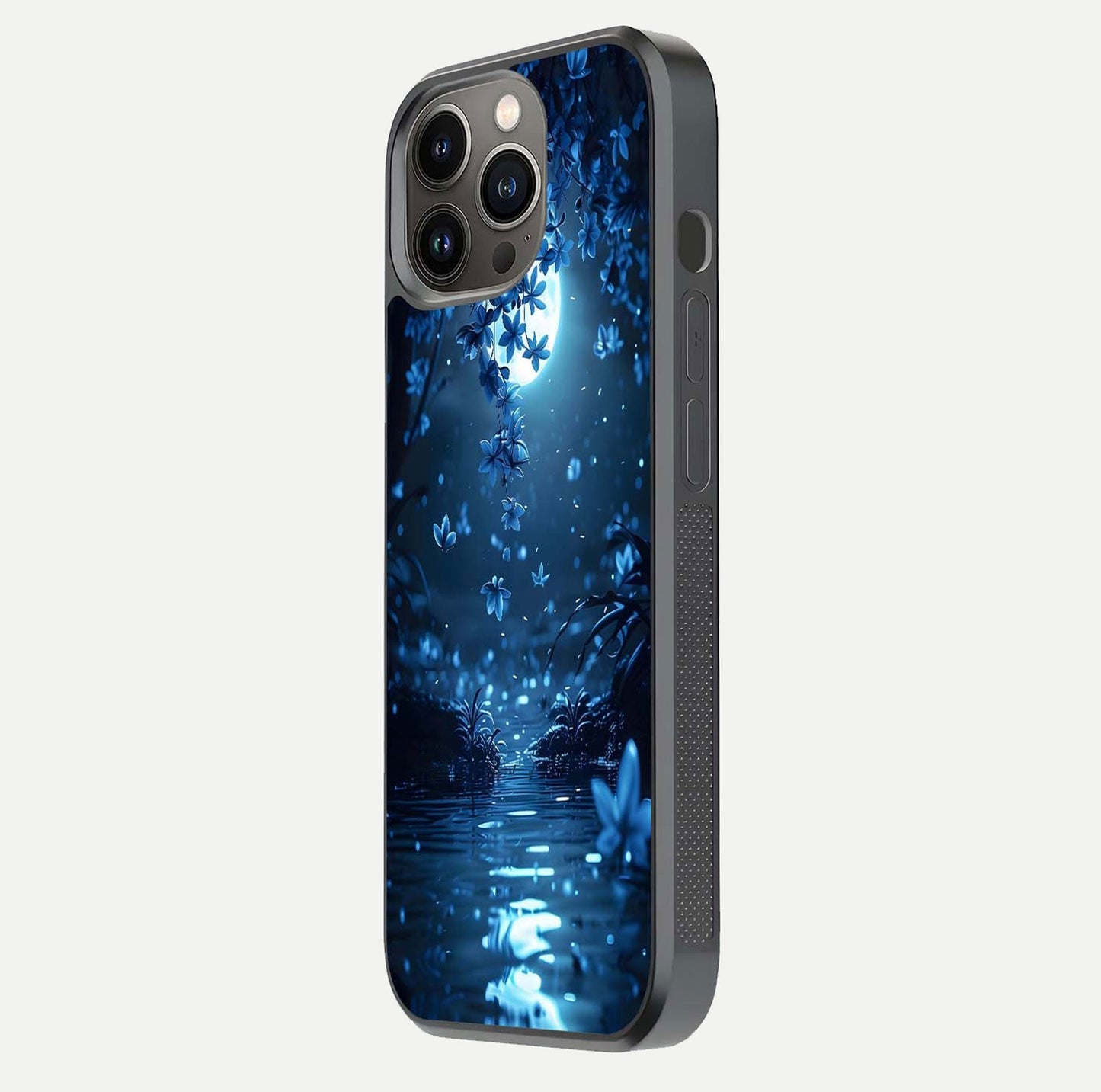 Moonlight Petal Dream Glass Case for iPhone 13 Pro side-angle image showing reflection and petal detail