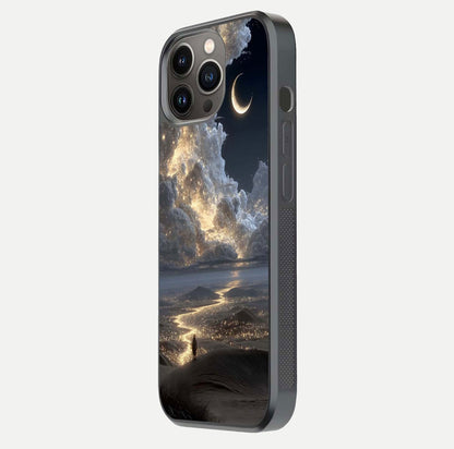 Moonlight Spark Path Glass Case for iPhone 13 Pro side-angle image showing reflection and moonlit detail