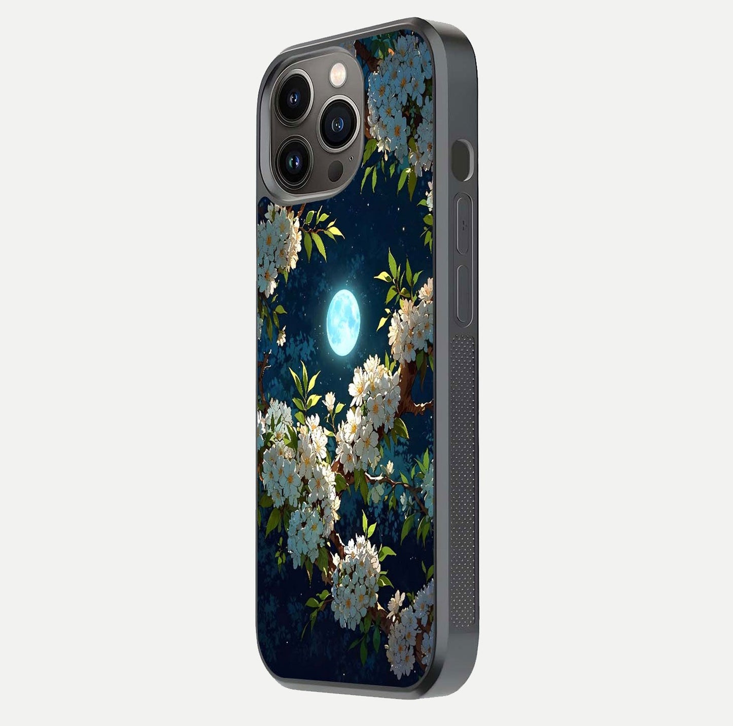 Moonlit Blossom Dream Glass Case for iPhone 13 Pro side-angle image showing shine depth and flower glow