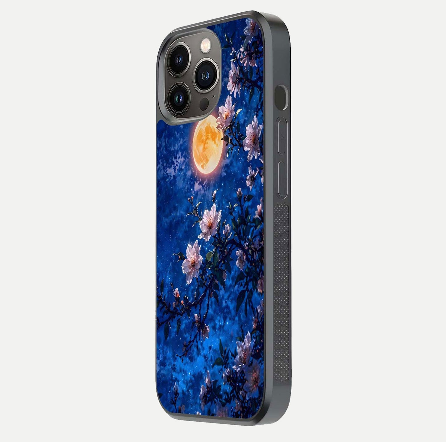Moonlit Blossoms Night Glass Case for iPhone 13 Pro side-angle image revealing shine and night bloom texture