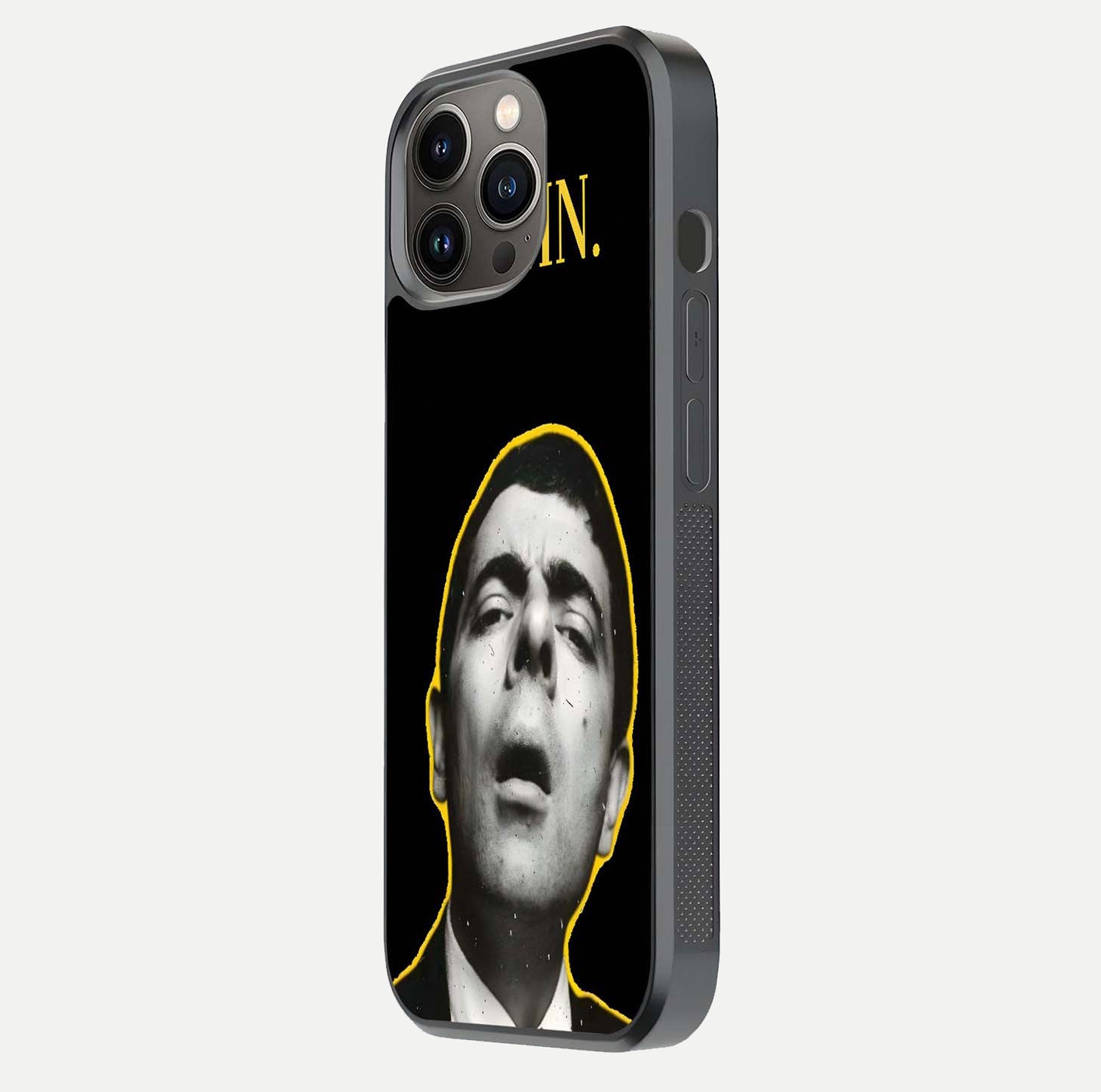 Mr Bean Damn Glass Case for iPhone 13 Pro side-angle image emphasizing HD print clarity and playful theme