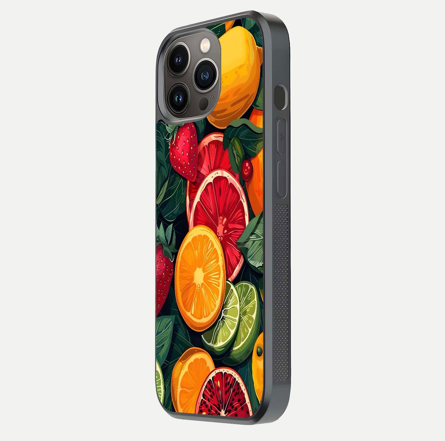 Multiple Fruits Glass Case for iPhone 13 Pro side-angle image showing glossy surface and vivid fruit pattern
