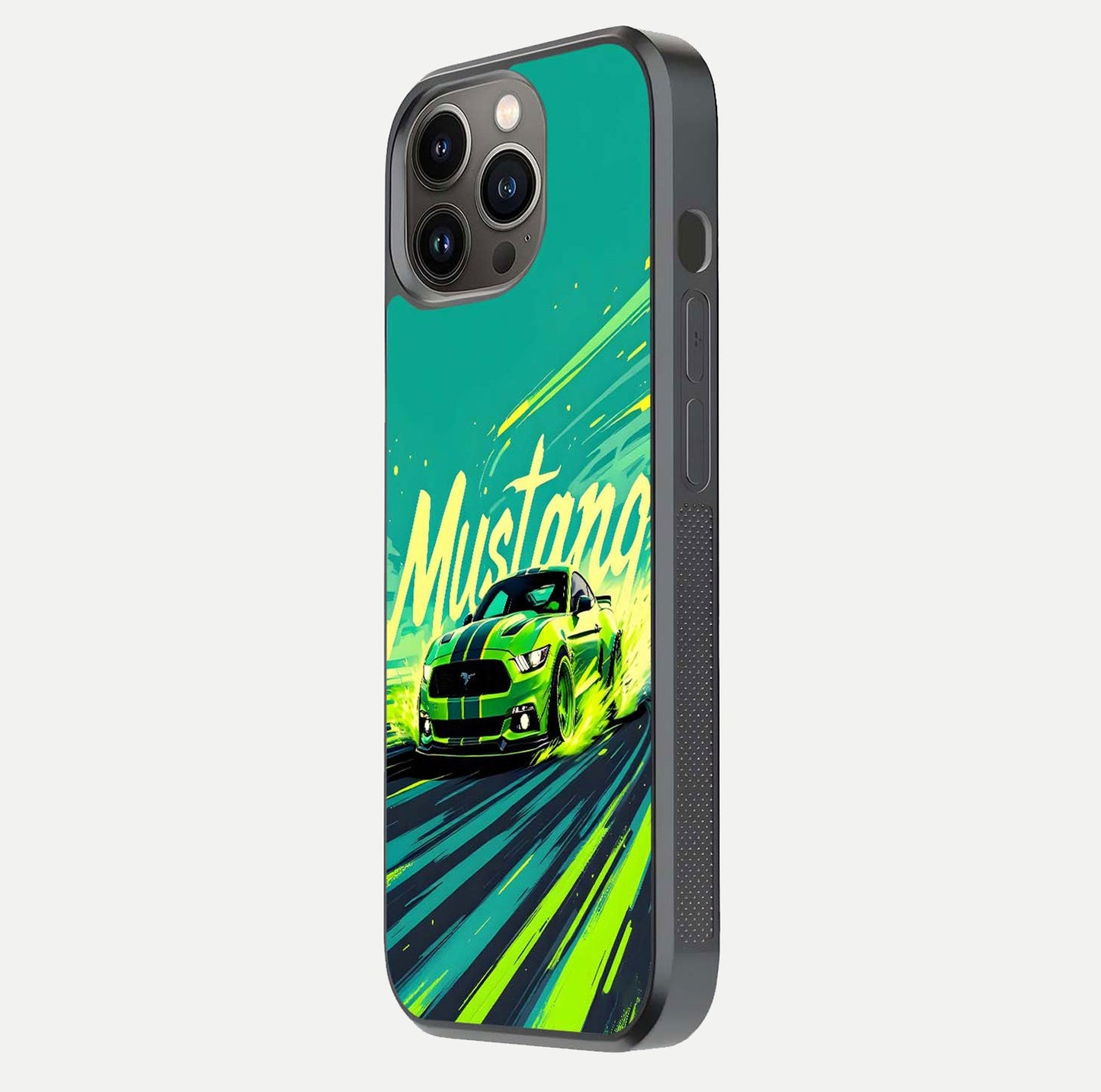 Mustang Bang Glass Case for iPhone 13 Pro side-angle image showing reflection clarity and bold car artwork