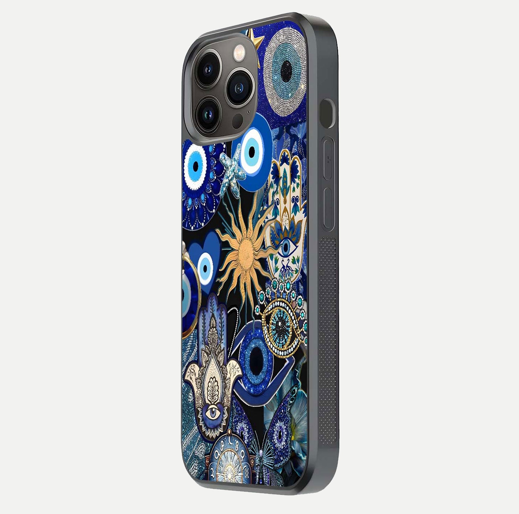 Mystic Blue Evil Eye Glass Case for iPhone 13 Pro side-angle image showing smooth gloss and charm design