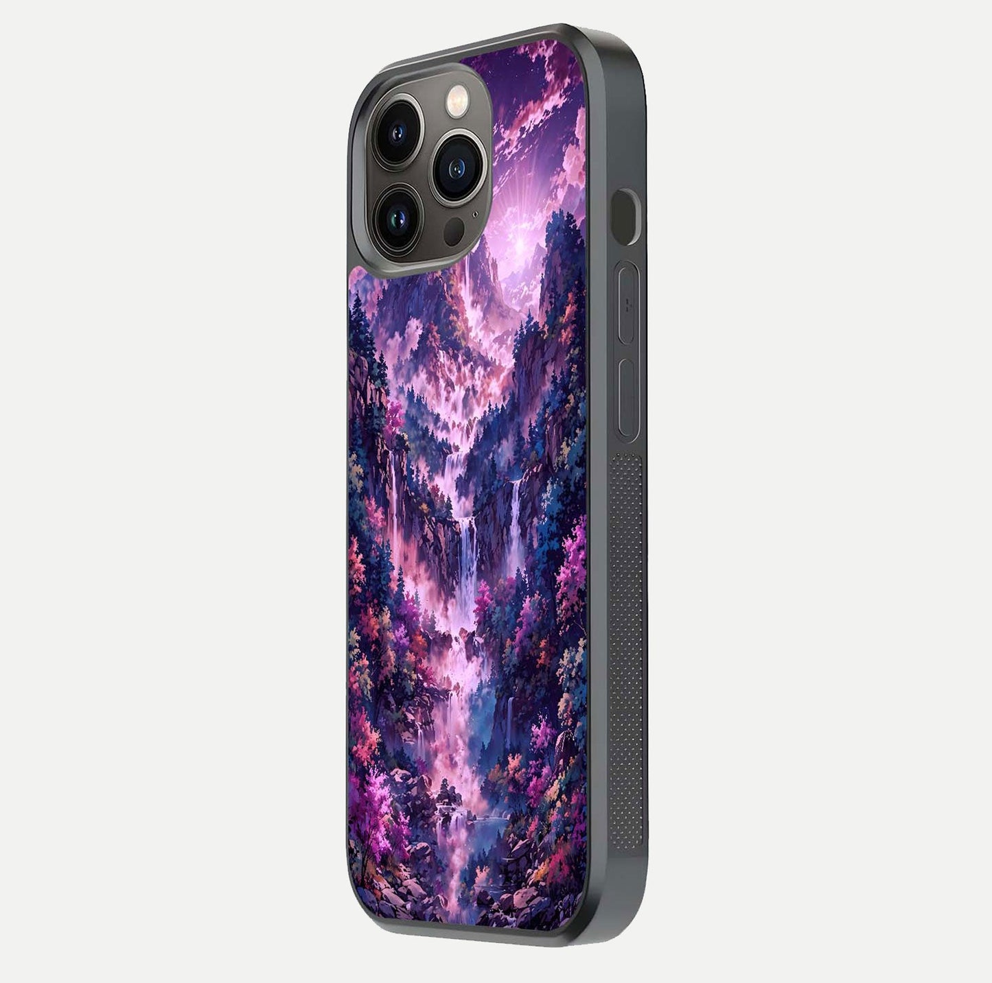 Mystic Cascade Peaks Glass Case for iPhone 13 Pro side-angle image showing reflection and scenic art clarity