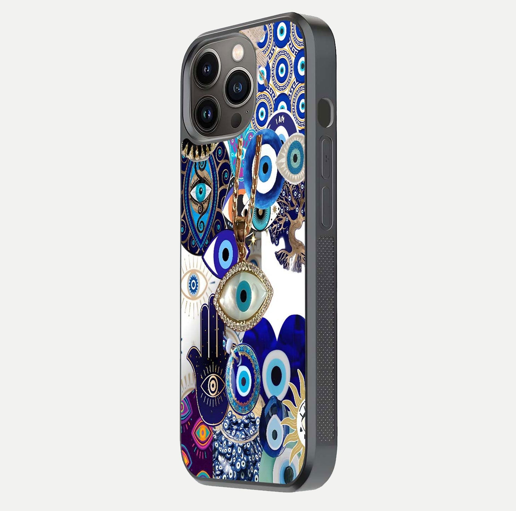 Mystic Charm Eye Glass Case for iPhone 13 Pro side-angle image showing HD reflection and sacred tone