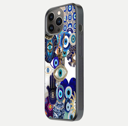 Mystic Charm Eye Glass Case for iPhone 13 Pro side-angle image showing HD reflection and sacred tone