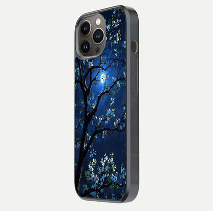 Mystic Floral Night Glass Case for iPhone 13 Pro side-angle image showing gloss surface and midnight floral tones