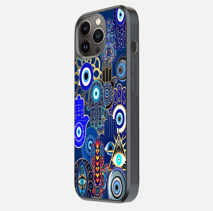 Mystic Palm Guard Glass Case for iPhone 13 Pro side-angle image showing shine depth and sacred motif