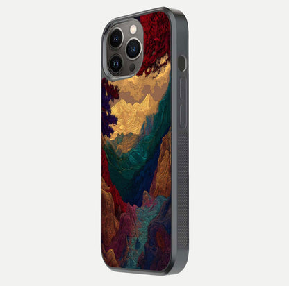 Mystic Valley Light Glass Case for iPhone 13 Pro side-angle image showing shine and peaceful hues
