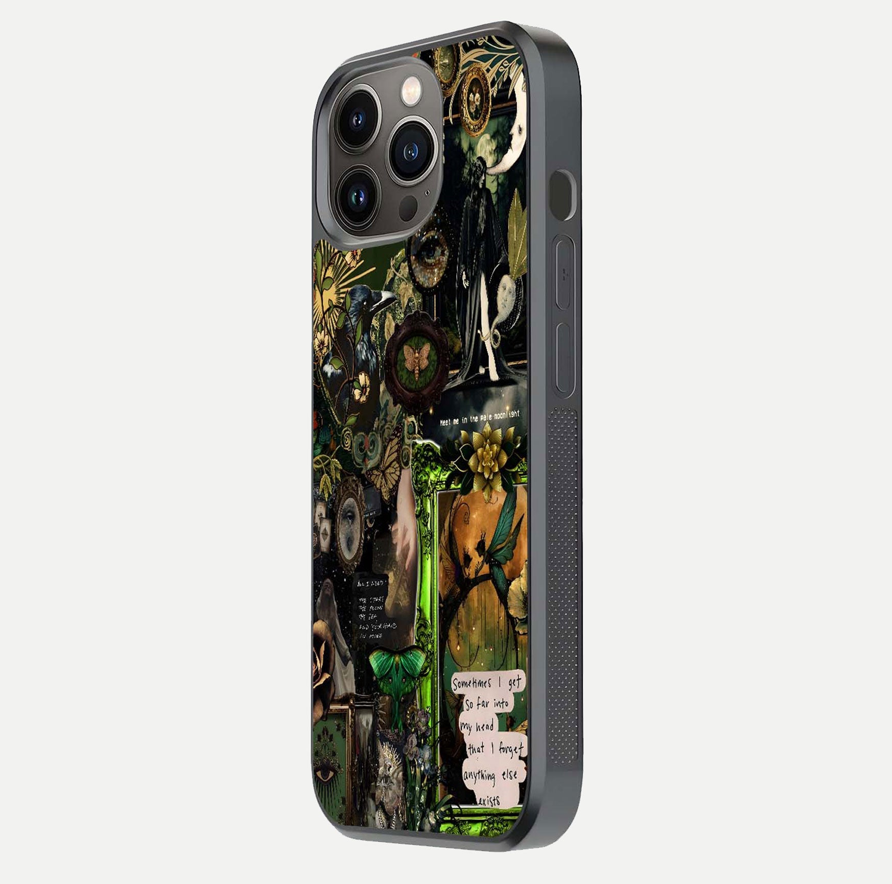 Mystic Woods Secret Glass Case for iPhone 13 Pro side-angle image showing gloss reflection and forest pattern