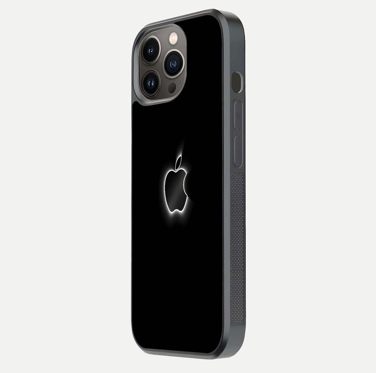 Neon Apple Glow Glass Case for iPhone 13 Pro side-angle image showing light reflection and glow effect