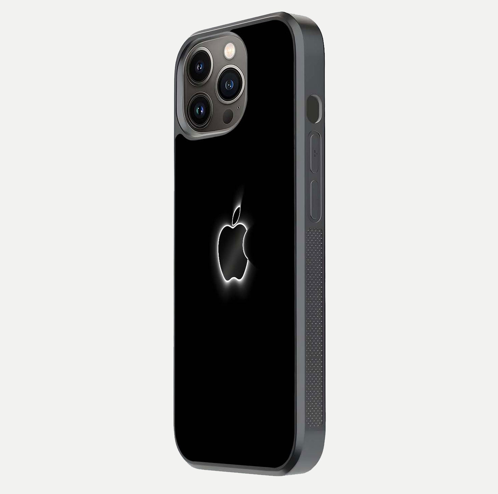Neon Apple Glow Glass Case for iPhone 13 Pro side-angle image showing light reflection and glow effect