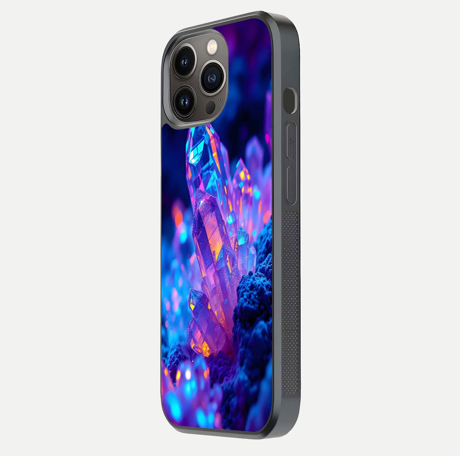 Neon Aura Shards Glass Case for iPhone 13 Pro side-angle image showing light depth and glossy contrast