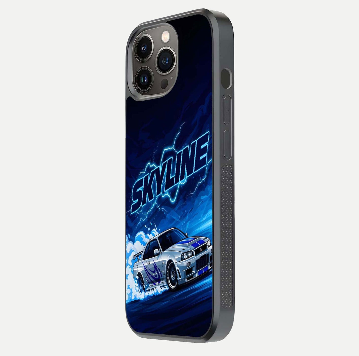 Neon Drift Beast Glass Case for iPhone 13 Pro side-angle image showing reflection depth and bold neon tones