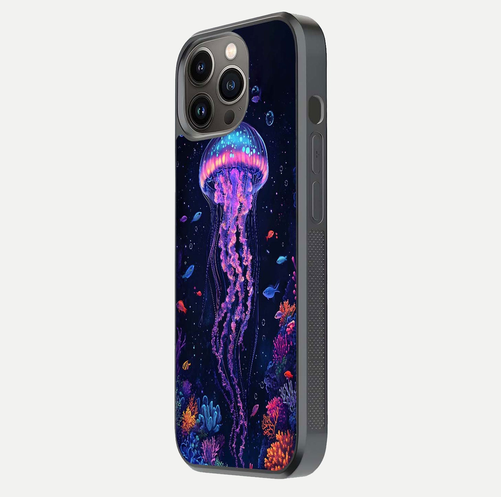 Neon Jellyfish Glass Case for iPhone 13 Pro side-angle image showing reflection and oceanic light detailing