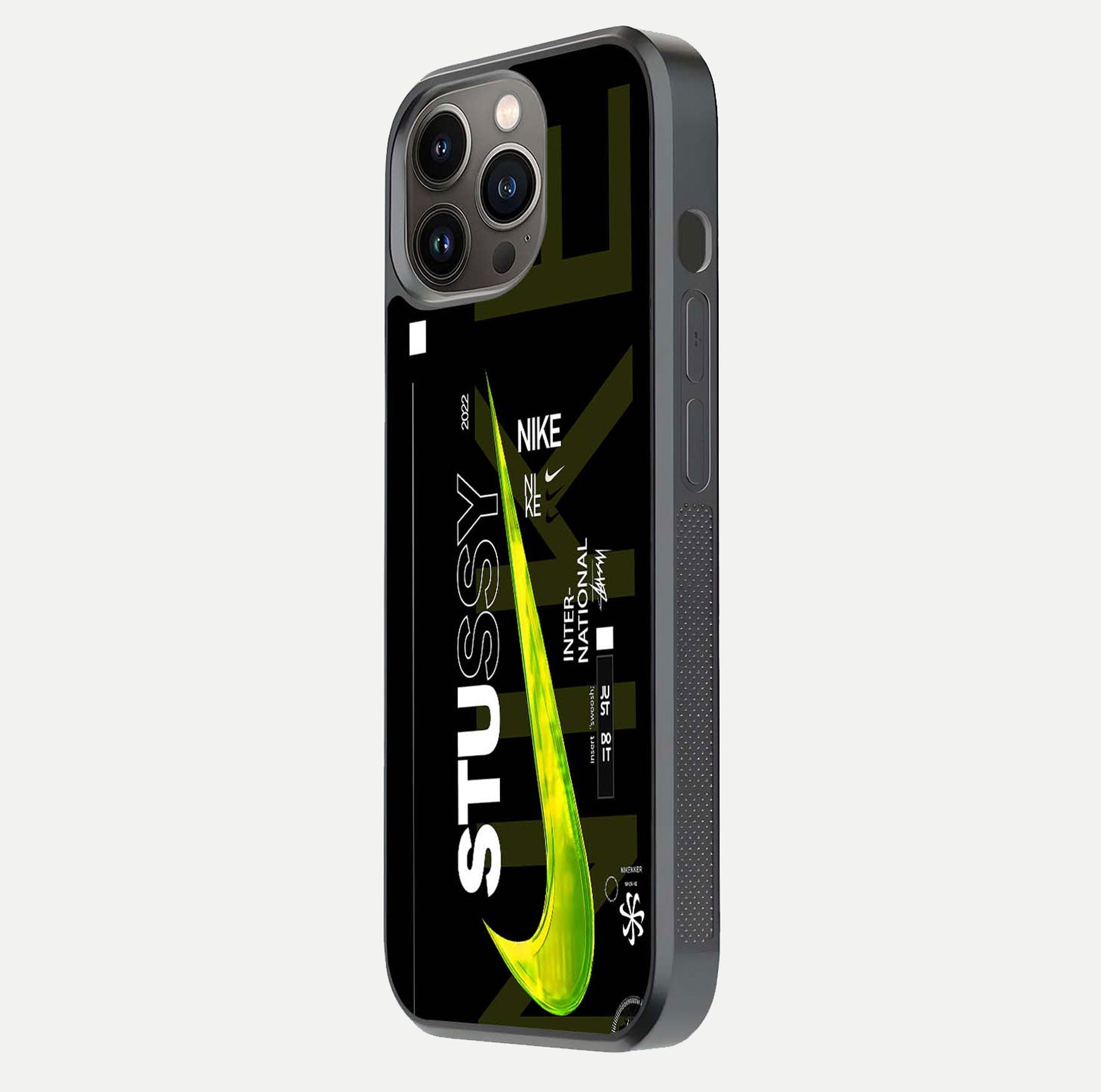 Neon Street Edition Glass Case for iPhone 13 Pro side-angle image showing reflection depth and modern tones