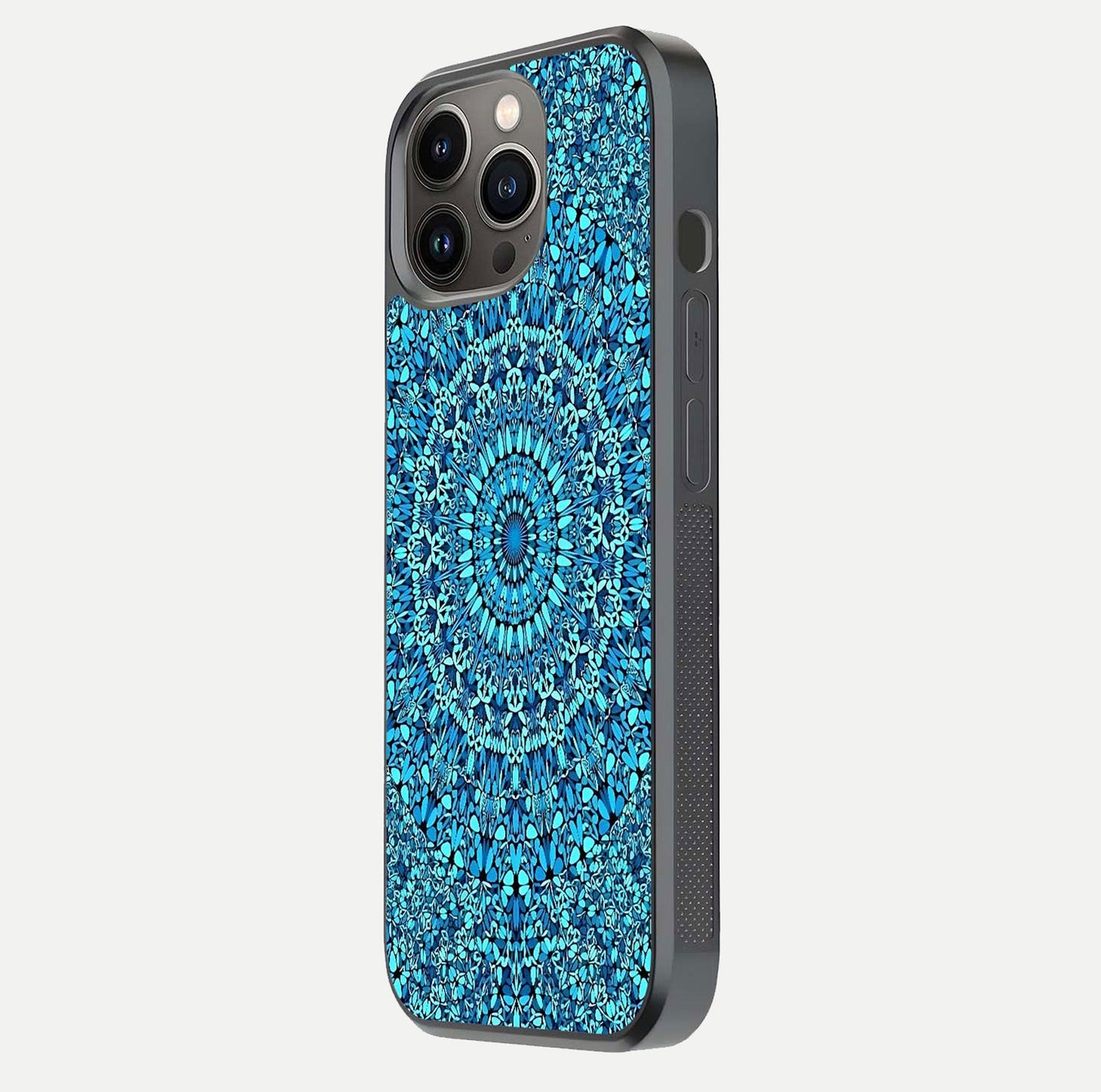 Ocean Bloom Mandala Glass Case for iPhone 13 Pro side-angle image showing reflection and detailed floral pattern