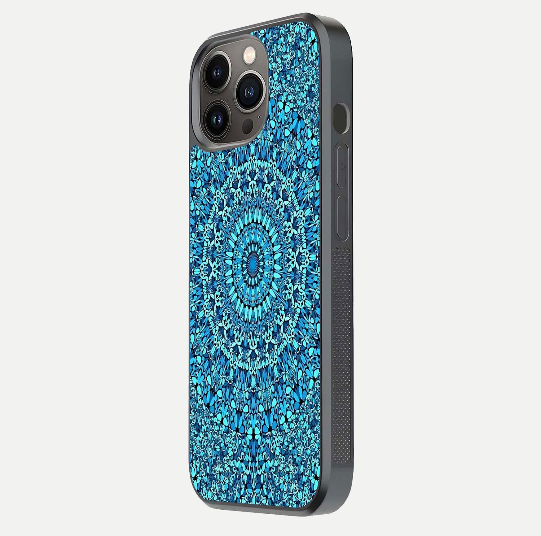 Ocean Bloom Mandala Glass Case for iPhone 13 Pro side-angle image showing reflection and detailed floral pattern