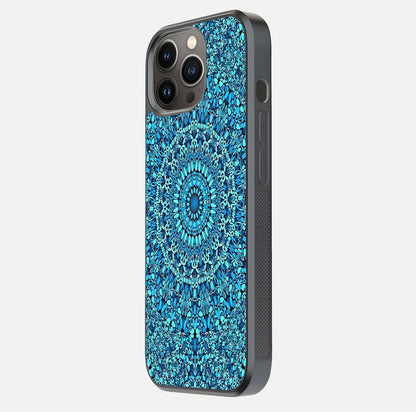 Ocean Bloom Mandala Glass Case for iPhone 13 Pro side-angle image showing reflection and detailed floral pattern