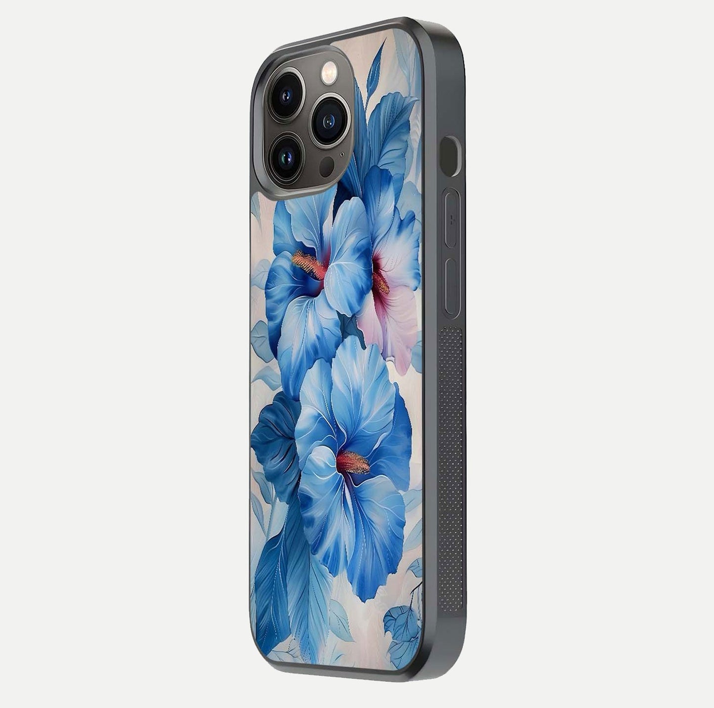 Ocean Hibiscus Grace Glass Case for iPhone 13 Pro side-angle image showing smooth texture and hibiscus details