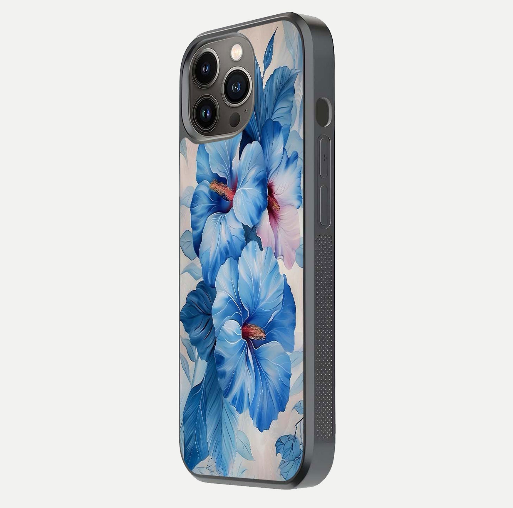 Ocean Hibiscus Grace Glass Case for iPhone 13 Pro side-angle image showing smooth texture and hibiscus details