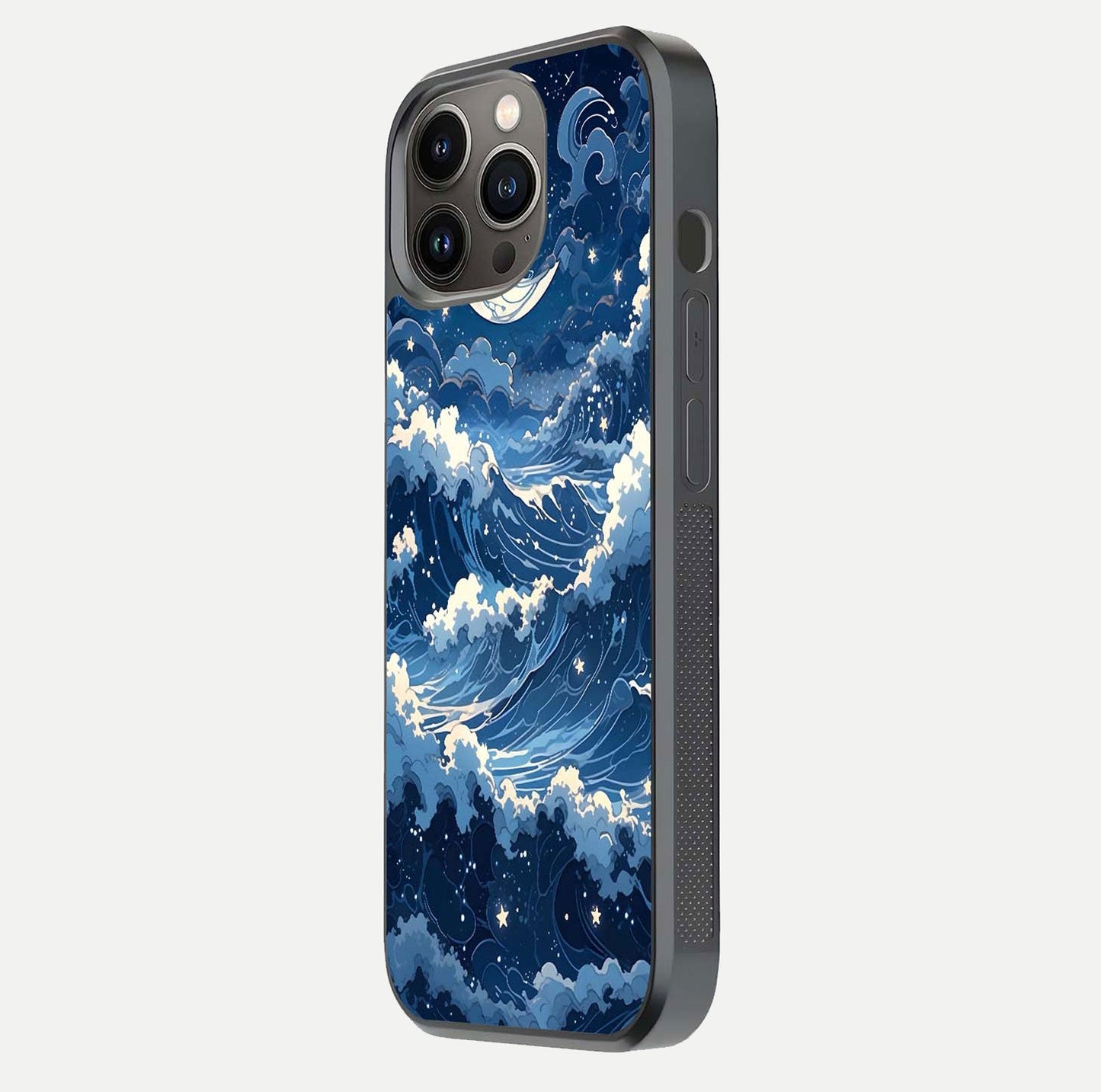 Ocean Moon Waves Glass Case for iPhone 13 Pro side-angle image showing shine and ocean gradient tones