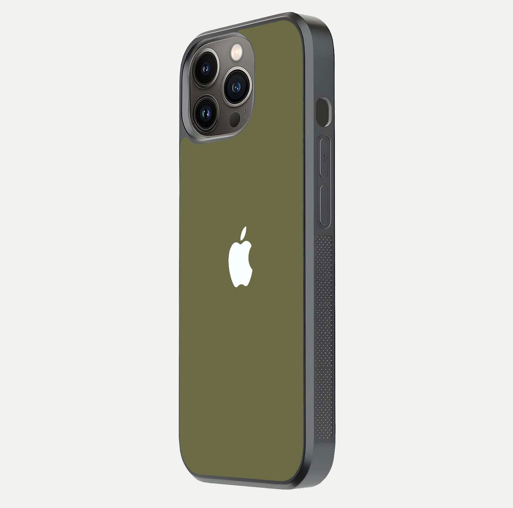 Olive Matte Essence Glass Case for iPhone 13 Pro side-angle image showing soft hue and elegant smooth surface