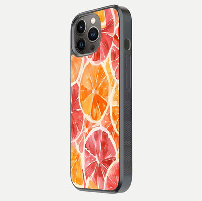 Orange Fruits Pattern Glass Case for iPhone 13 Pro side-angle image showing glossy shine and citrus pattern