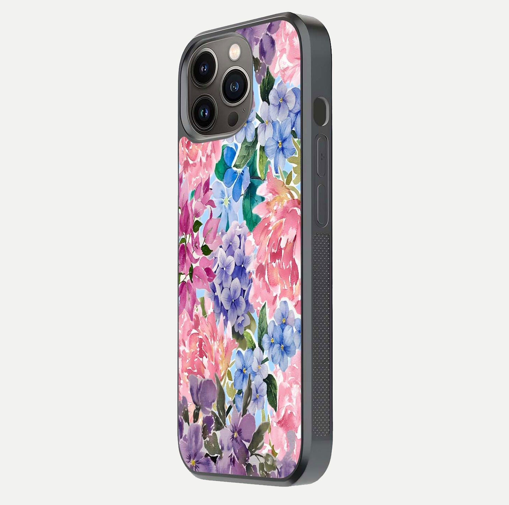 Pastel Floral Mix Glass Case for iPhone 13 Pro side-angle image showing reflection and delicate pastel hues
