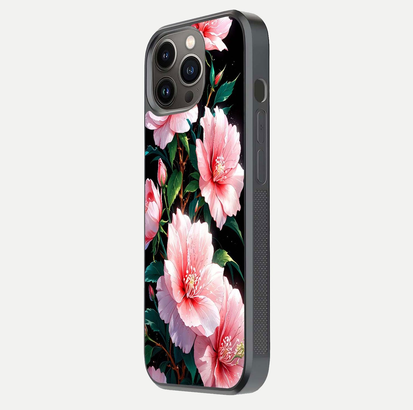 Peach Flower Glass Case for iPhone 13 Pro side-angle image showing gloss depth and peach blossom detail