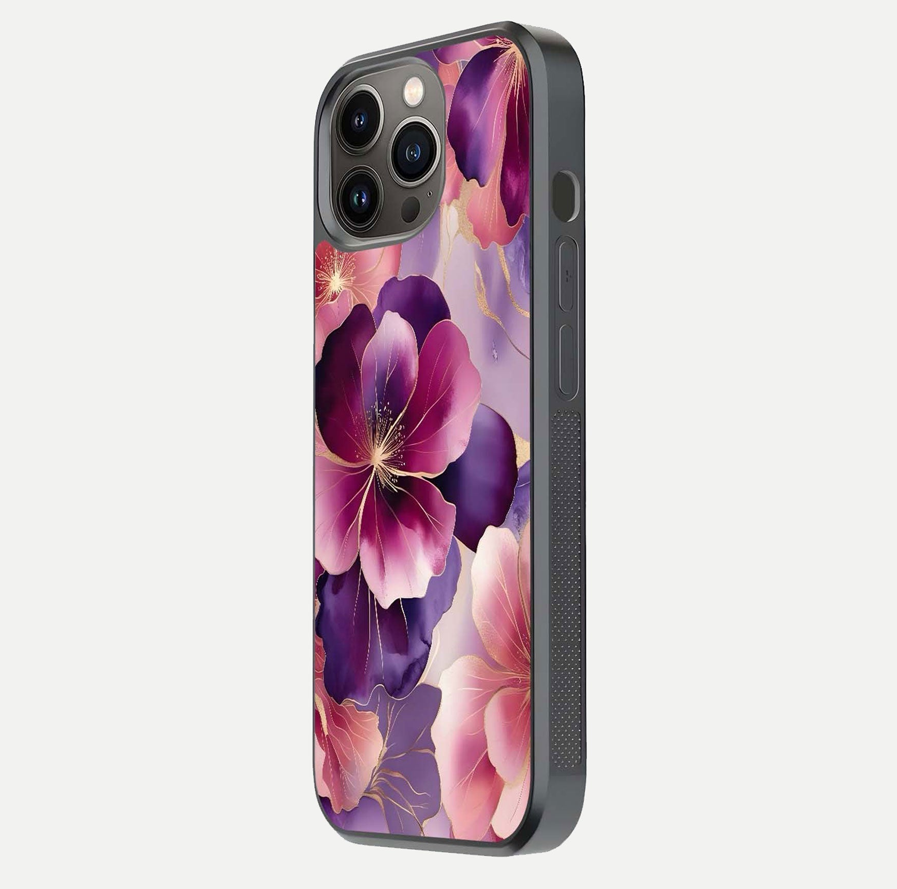 Pink Bouquet Florals Glass Case for iPhone 13 Pro side-angle image showing floral texture and reflection clarity