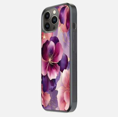Pink Bouquet Florals Glass Case for iPhone 13 Pro side-angle image showing floral texture and reflection clarity