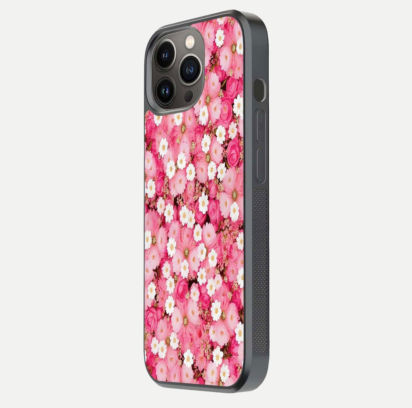 Pink Daisy Bliss Glass Case for iPhone 13 Pro side-angle image showing delicate daisy pattern and glass reflection
