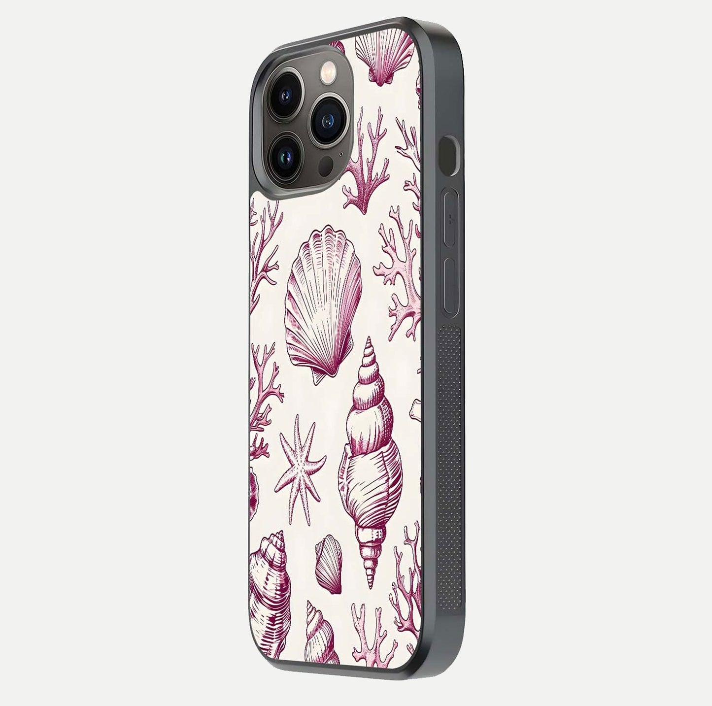Pink Shells Outline Glass Case for iPhone 13 Pro side-angle image showing shine and intricate outline texture