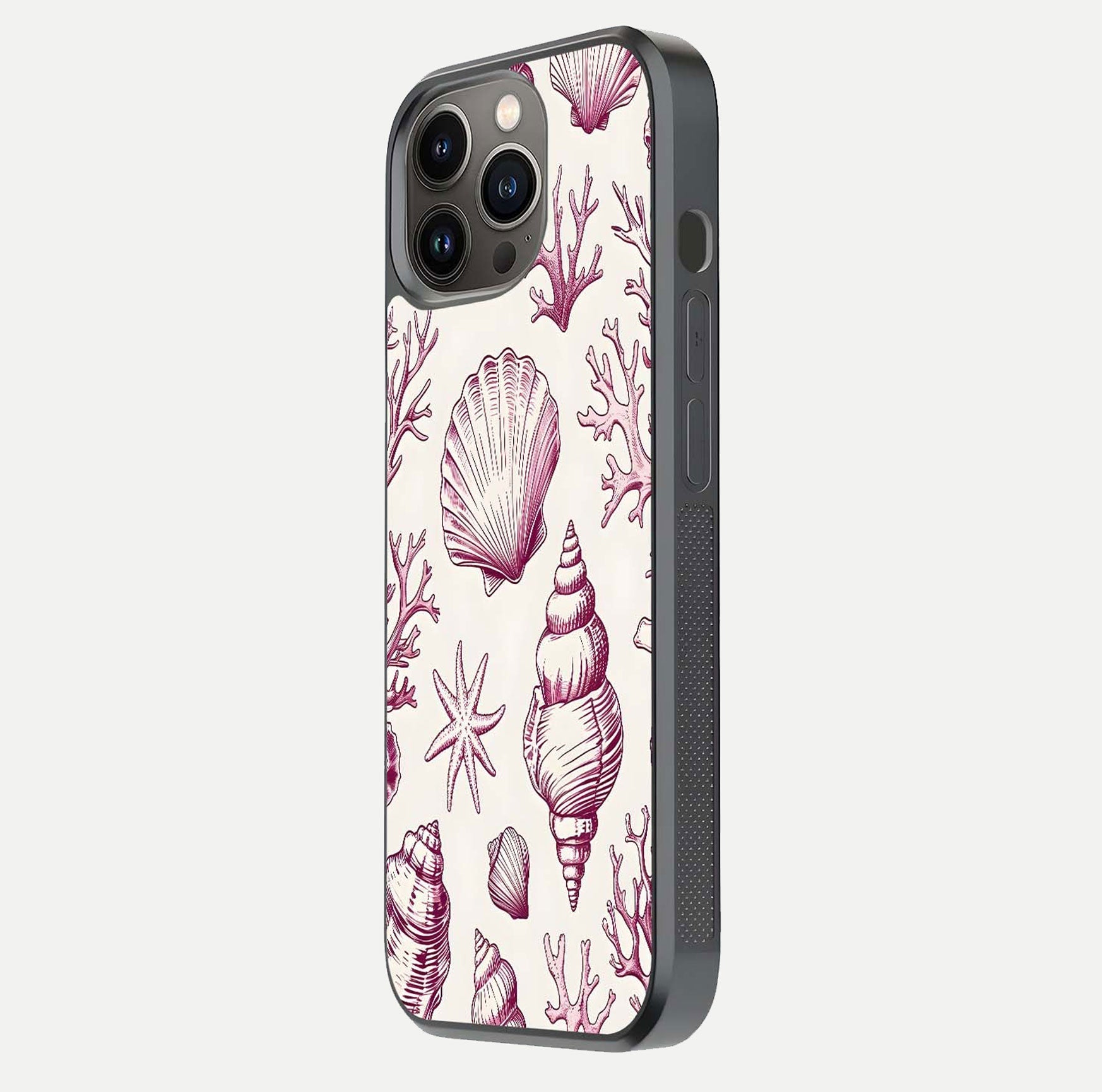 Pink Shells Outline Glass Case for iPhone 13 Pro side-angle image showing shine and intricate outline texture