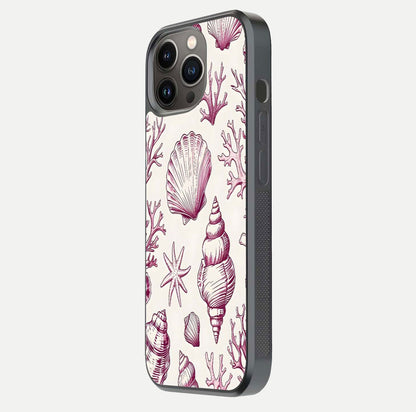 Pink Shells Outline Glass Case for iPhone 13 Pro side-angle image showing shine and intricate outline texture