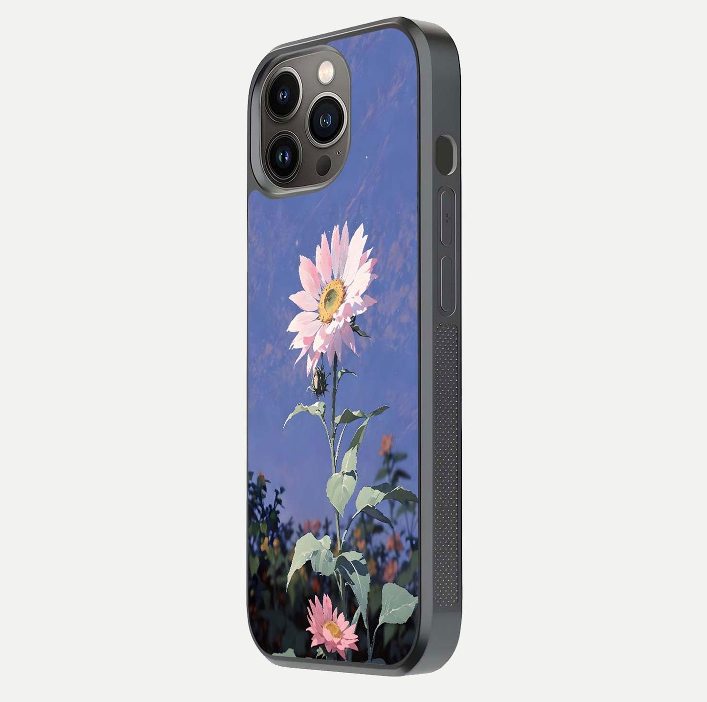 Pink Sunflower Glow Glass Case for iPhone 13 Pro side-angle image showing glossy edges and vivid sunflower tones