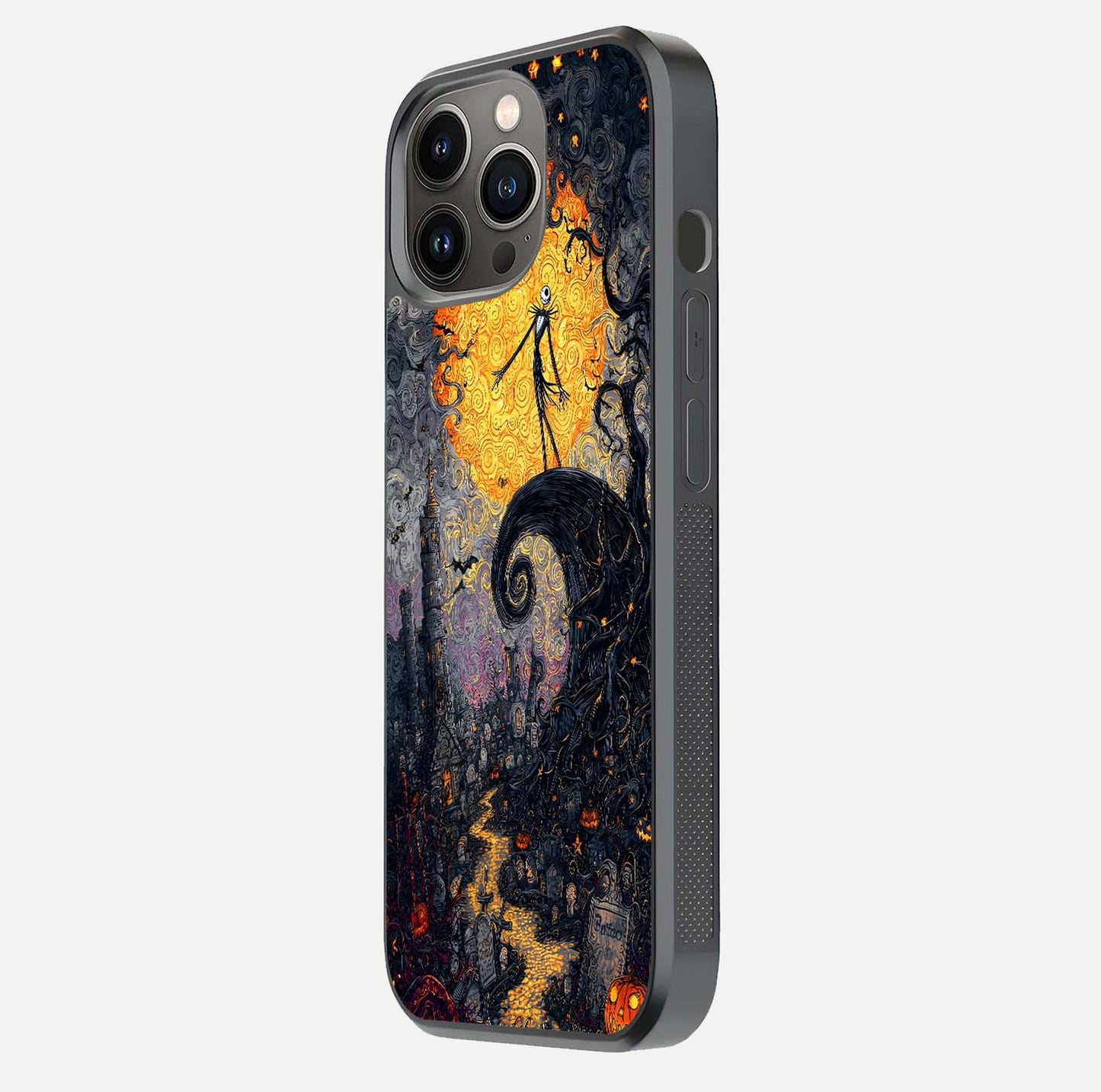 Pumpkin Moon Night Glass Case for iPhone 13 Pro side-angle image showing reflection depth and pumpkin pattern