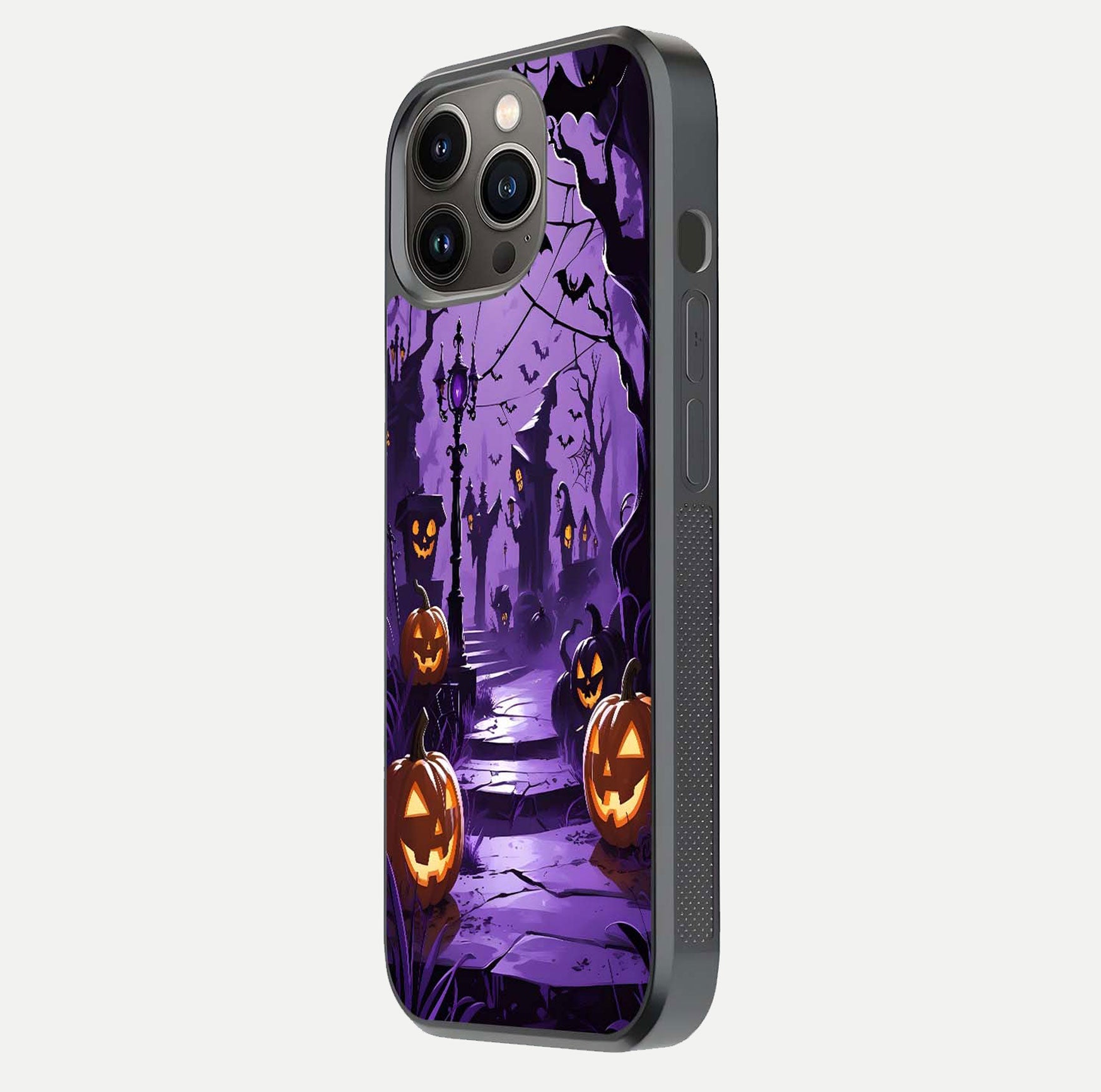 Pumpkin Patch Halloween Glass Case for iPhone 13 Pro side-angle image showing shine, camera cutout, and spooky art