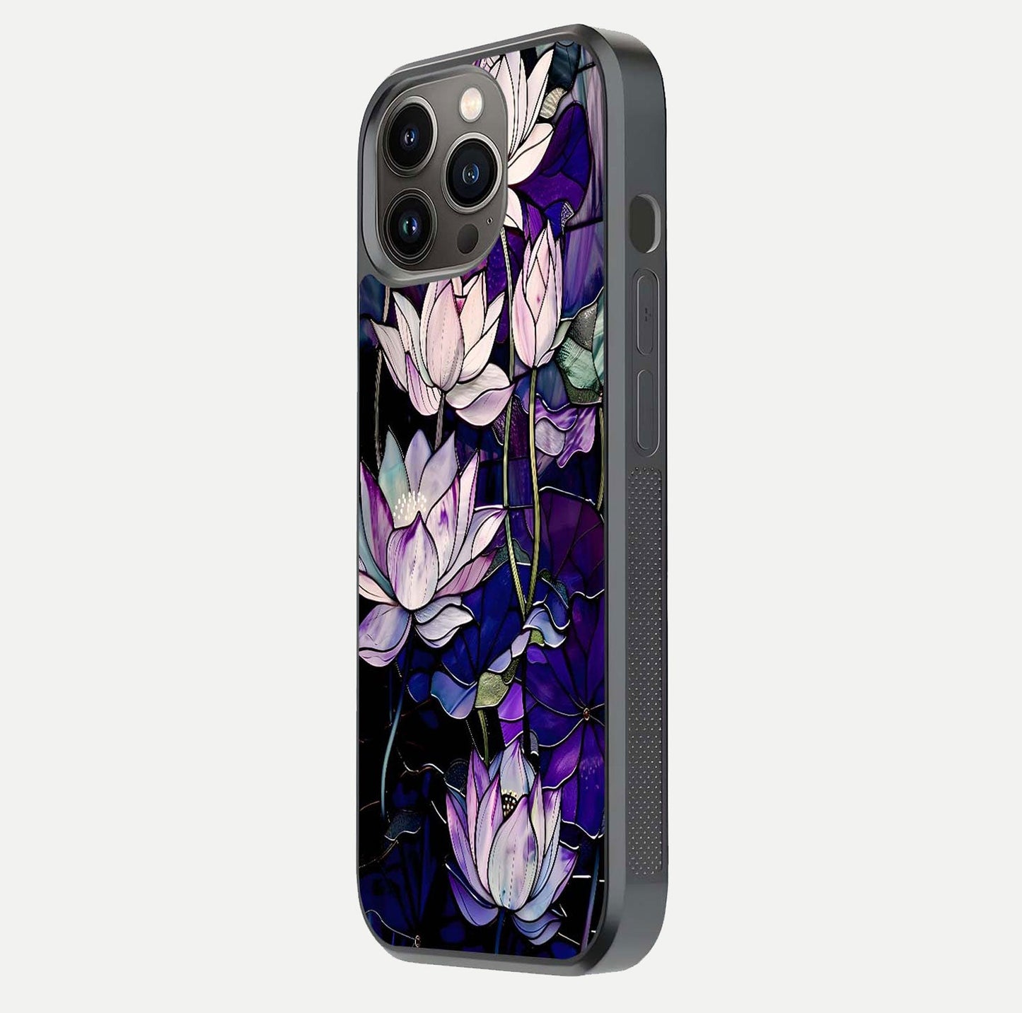 Purple Lotus Pattern Glass Case for iPhone 13 Pro side-angle image showing reflection depth and lotus detail