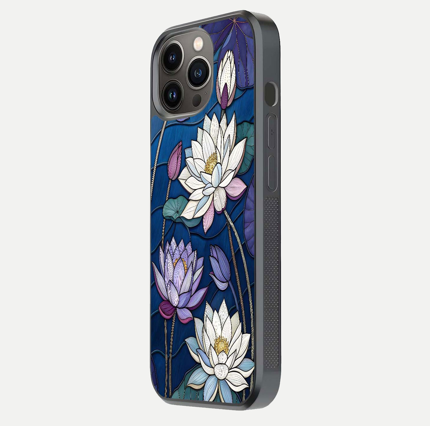 Purple Lotus Stained Glass Case for iPhone 13 Pro side-angle image showing gloss, reflection, and intricate detailing