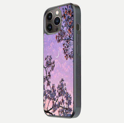 Purple Serenity Moon Glass Case for iPhone 13 Pro side-angle image showing reflection and lunar art precision